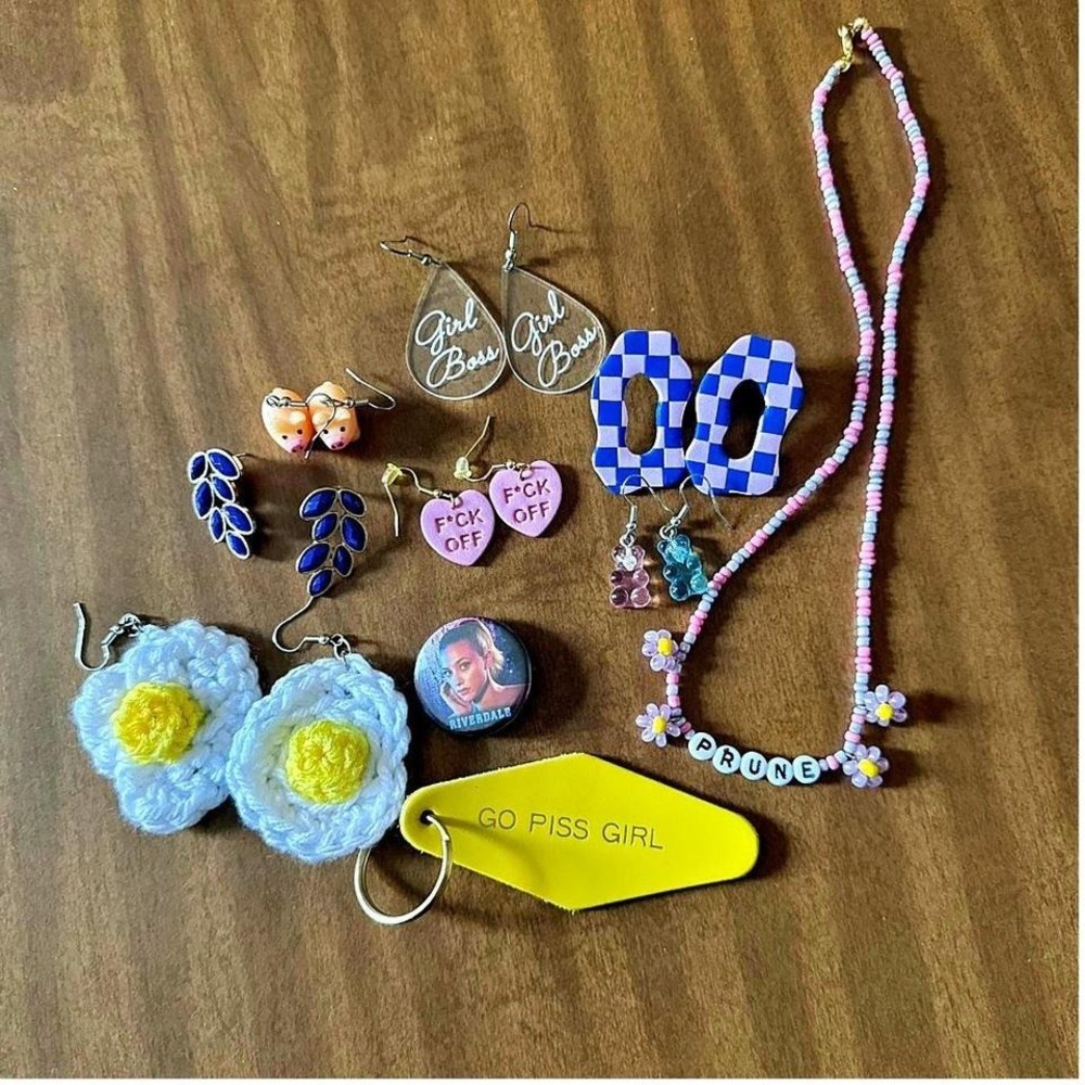 Mixed Jewelry Bundle 10 Pieces Earrings Necklace Keychain Pin Pig Checker Heart